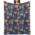 Vintage Canned Sardines  Navy Blue Background Electric Blue And Mandy Red Cans Premium Throw Blanket