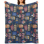 Vintage Canned Sardines  Navy Blue Background Electric Blue And Mandy Red Cans Premium Throw Blanket