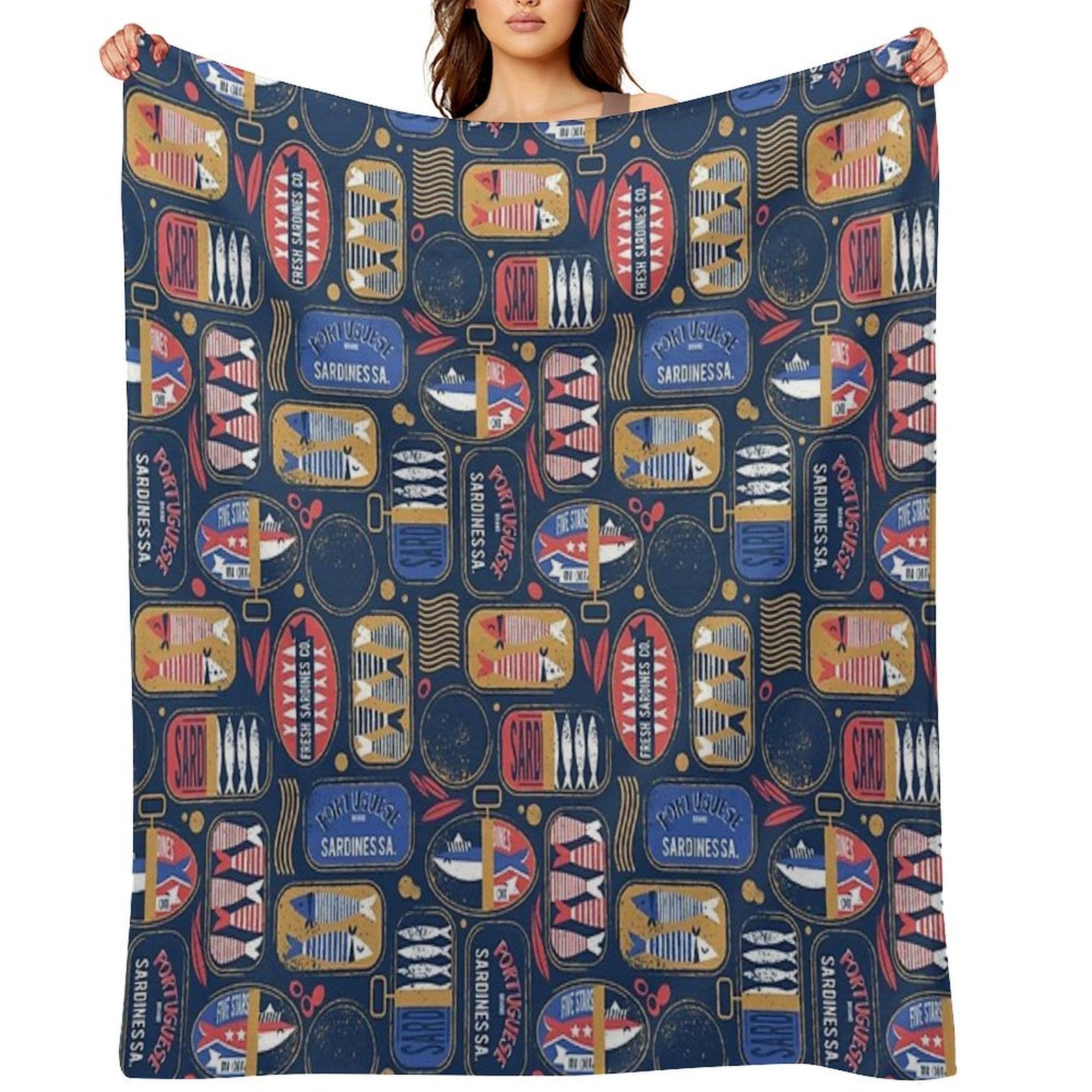 Vintage Canned Sardines  Navy Blue Background Electric Blue And Mandy Red Cans Premium Throw Blanket