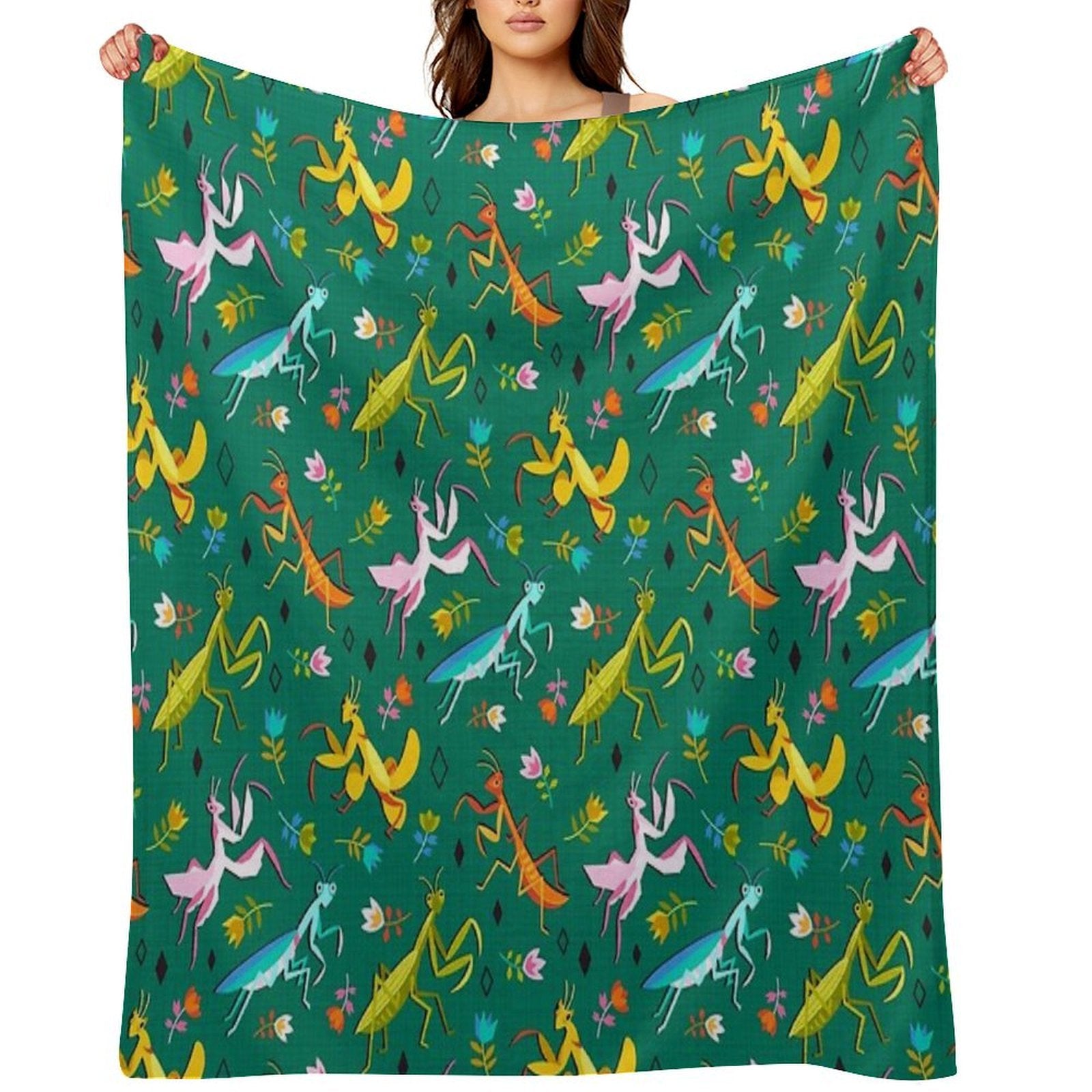An Unordinary Array of Praying Mantises - Kelly Green Machine-washable Throw Blanket