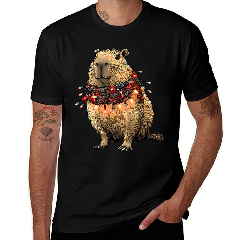 Capybara Christmas Lights  Rolled Sleeves T-Shirt