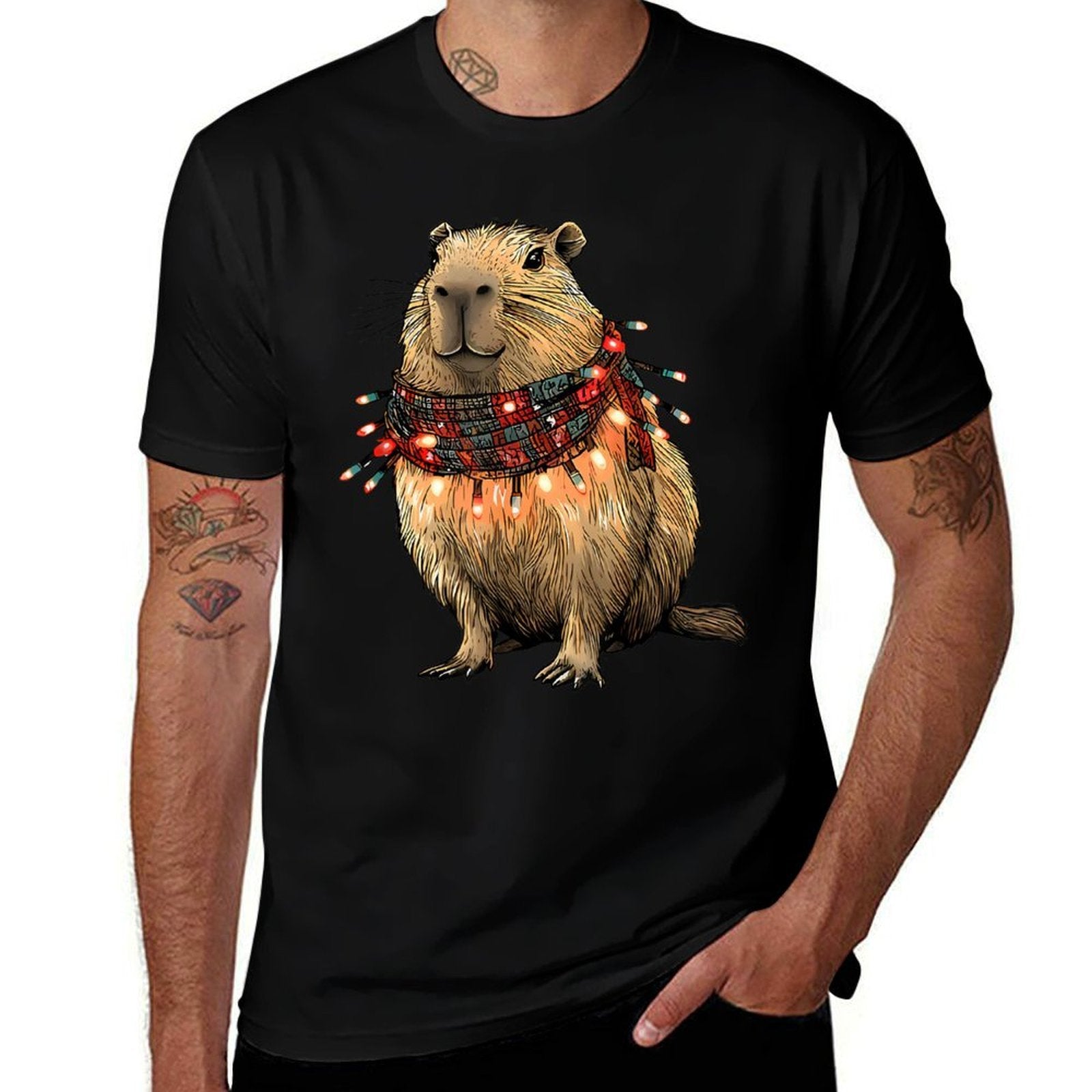 Capybara Christmas Lights  Rolled Sleeves T-Shirt