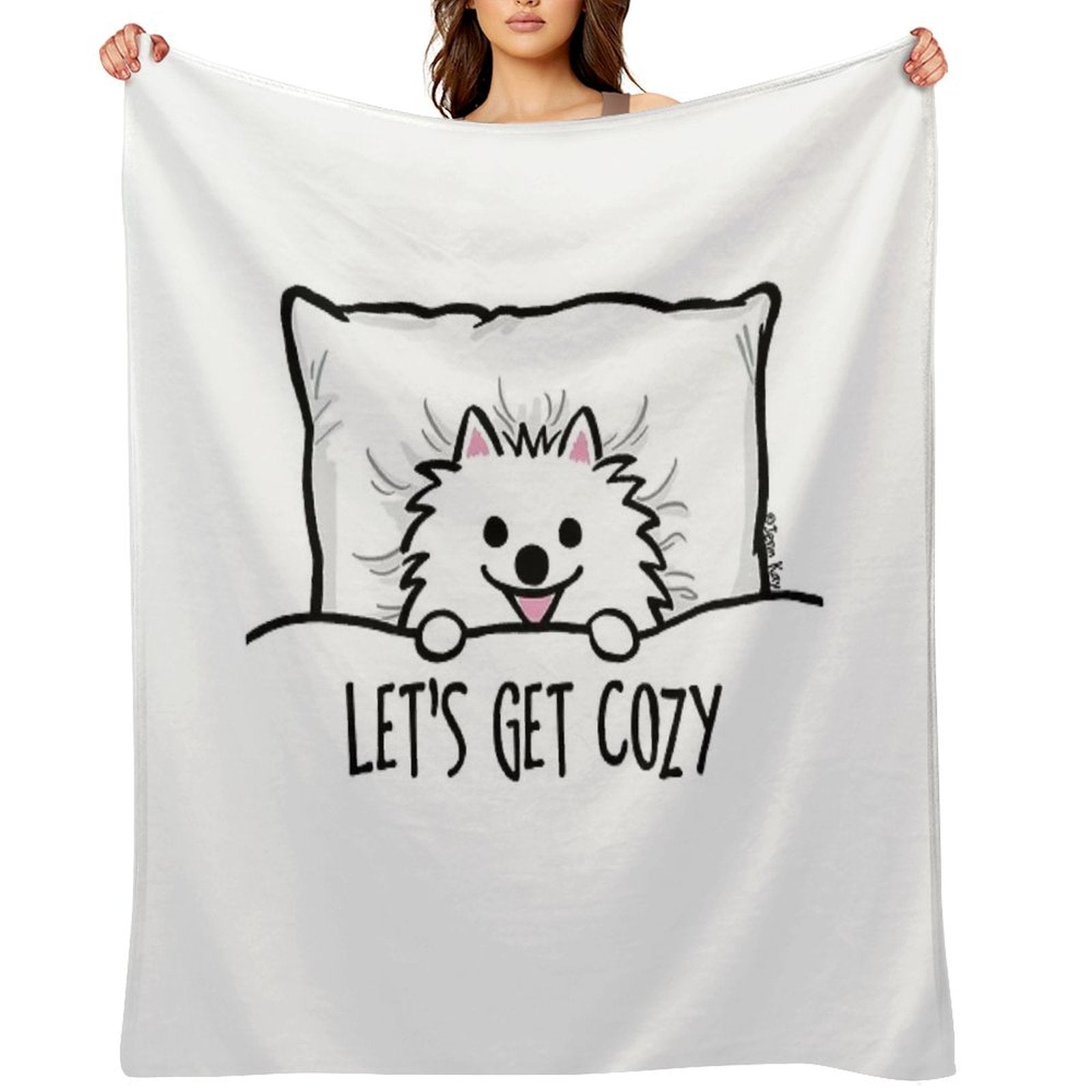 White Pomeranian Tucked Into Bed Cute Pom Cartoon Dog Durable Throw Blanket