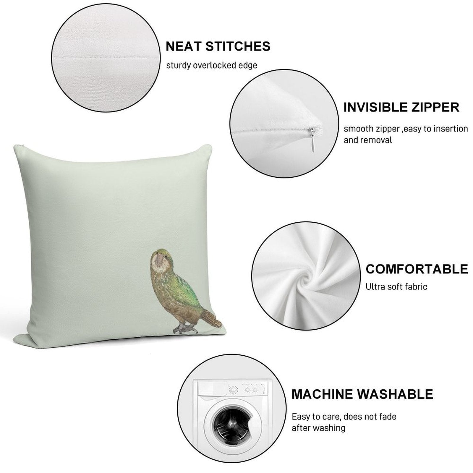 Kakapo Soft Short Plush Fabric Throw Pillow