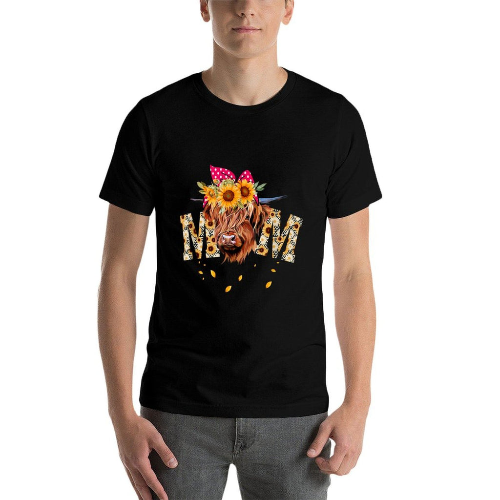 Vintage Sunflower Highland Cow Mom Heifer Mom Messy Bun Mom  Odor-resistant T-Shirt