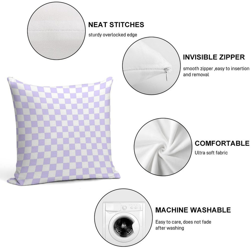 White And Pale Lavender Violet Checkerboard Soft Shrink-Resistant Throw Pillow