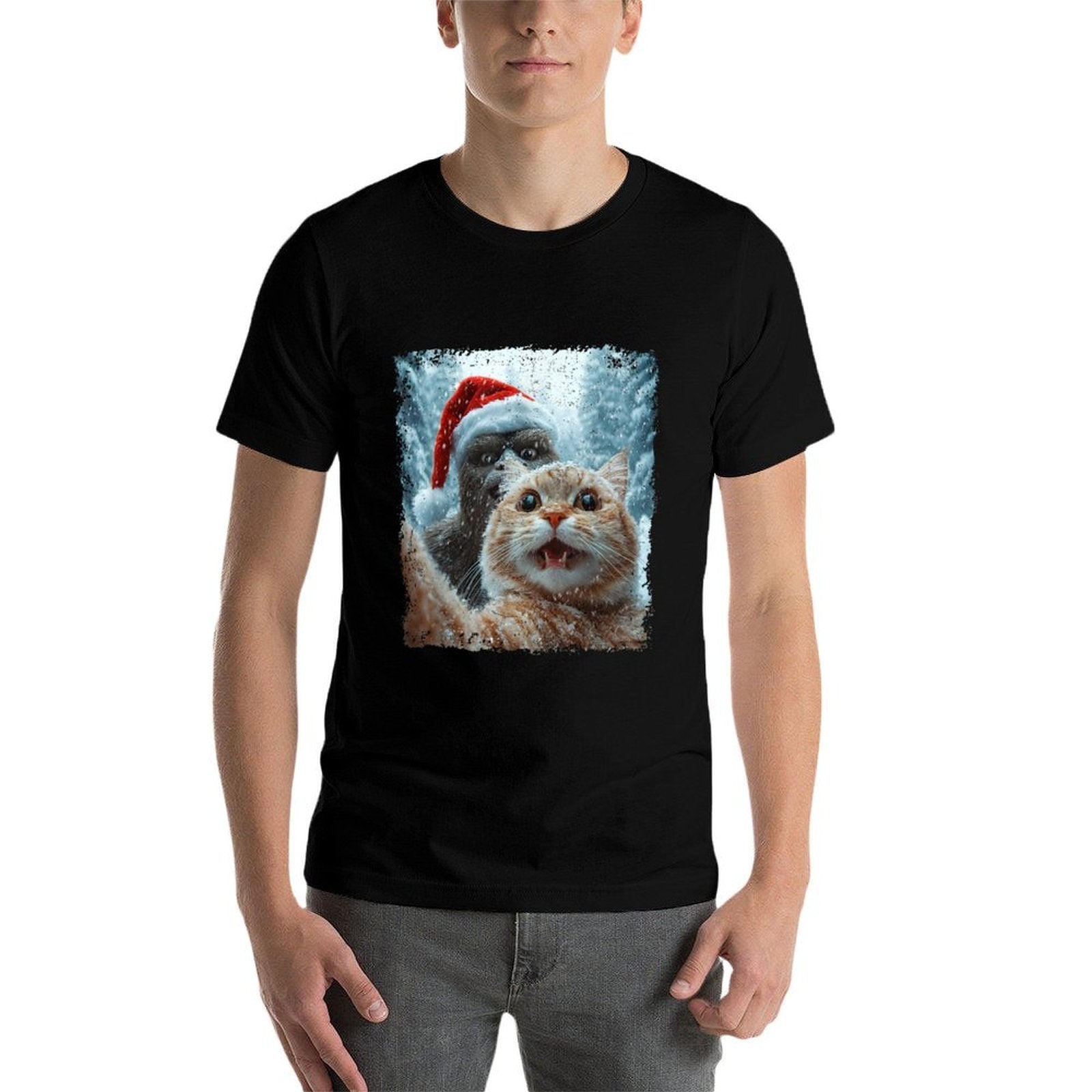 Funny Bigfoot And Cat Christmas Selfie Design  Fade-proof Color T-Shirt