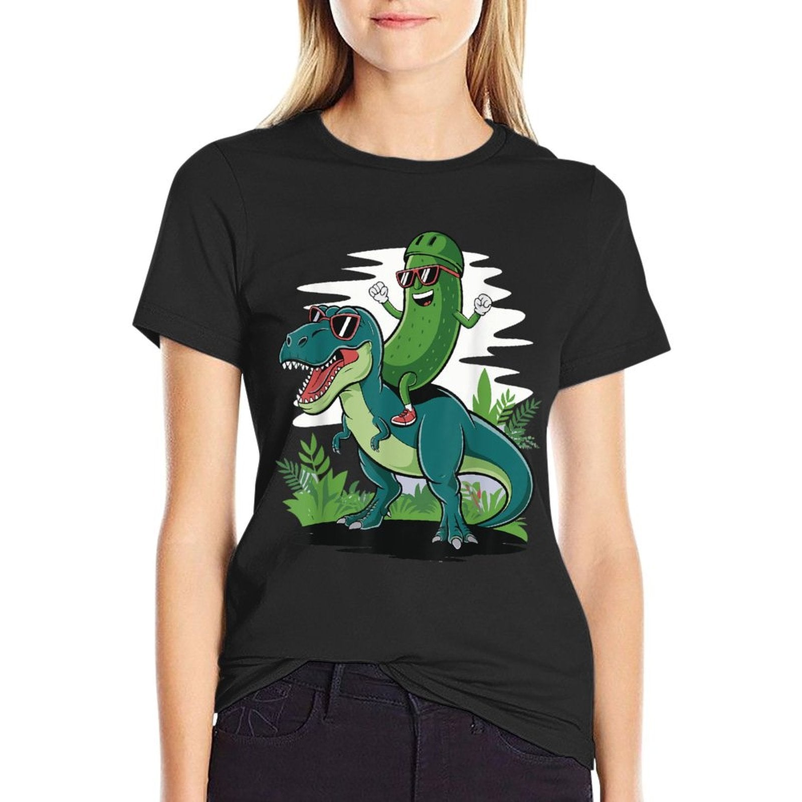 Cucumber Dino Pickle Riding T-Rex Funny Unisex-Adult, Black, Small,  Durable T-Shirt