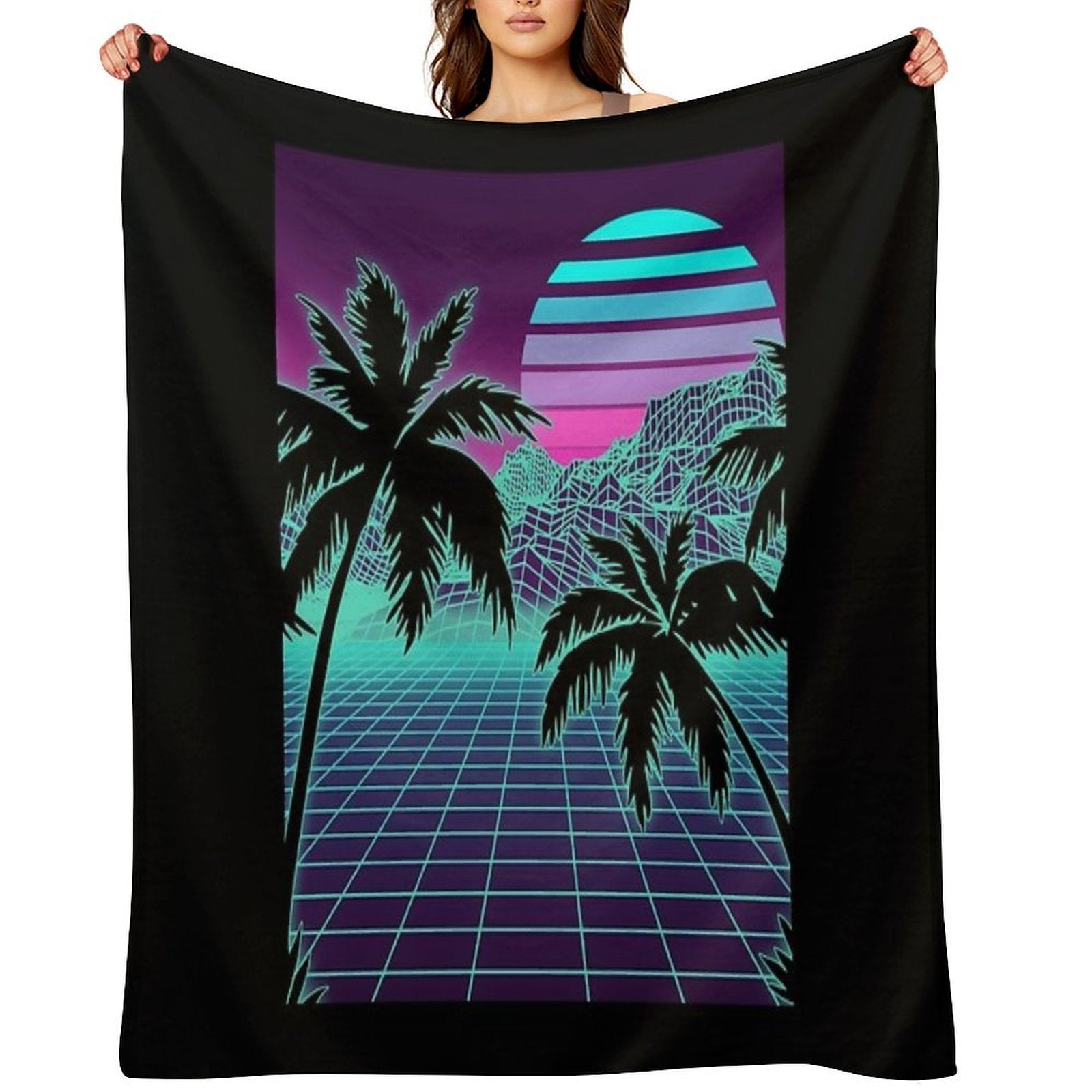 Retro 80s Vaporwave Sunset Sunrise With Outrun Style Grid Print Wrinkle-free Throw Blanket