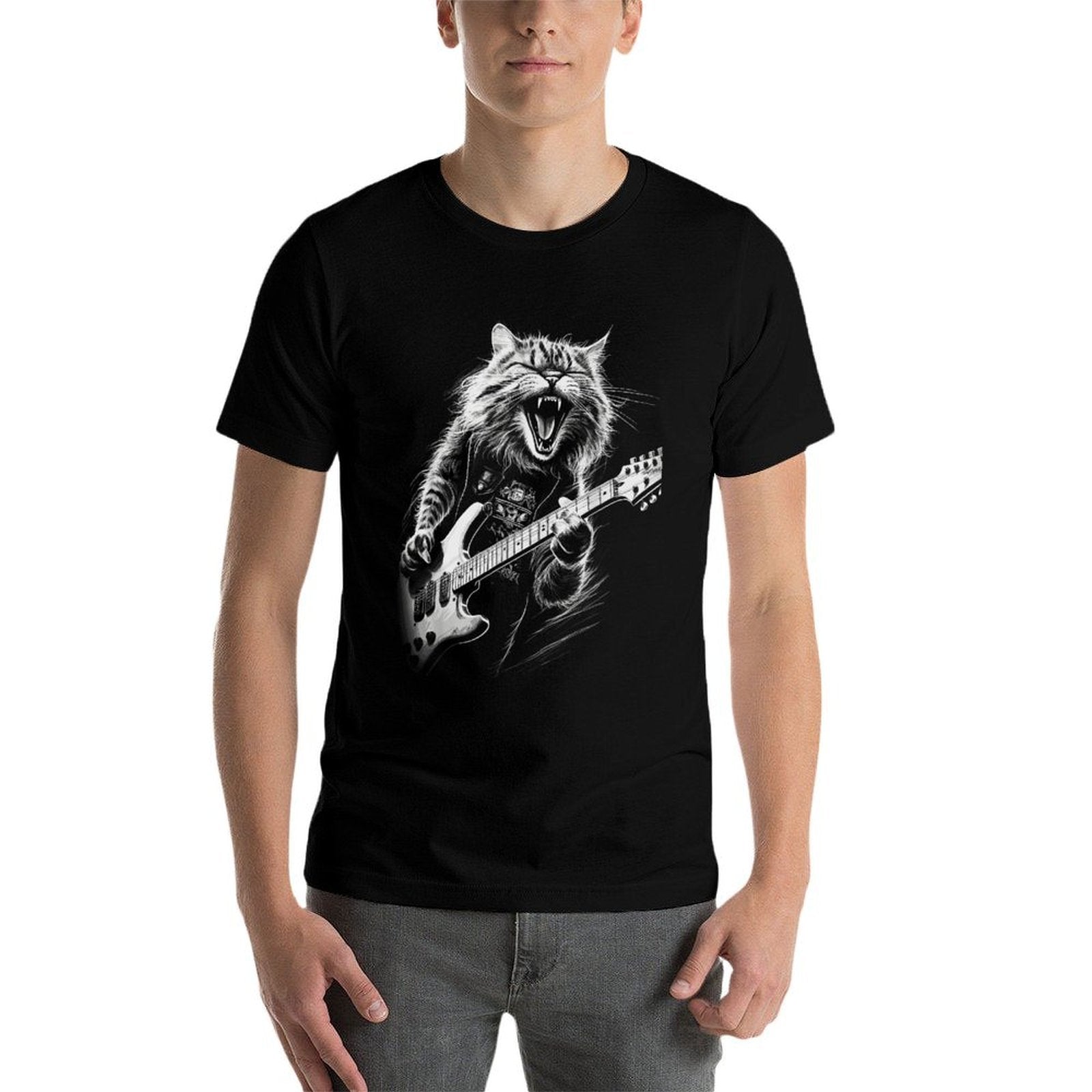 Rock Cat Playing Guitar Mens Woman Funny Guitar Cat  Slim-fit Cut T-Shirt