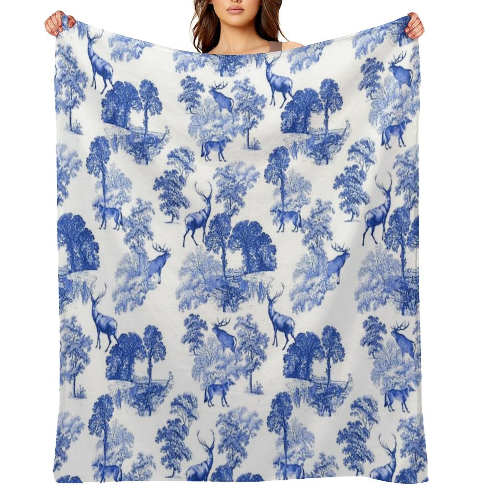 Elegant Vintage Blue Toile Deer in Woodland Eco-conscious Throw Blanket