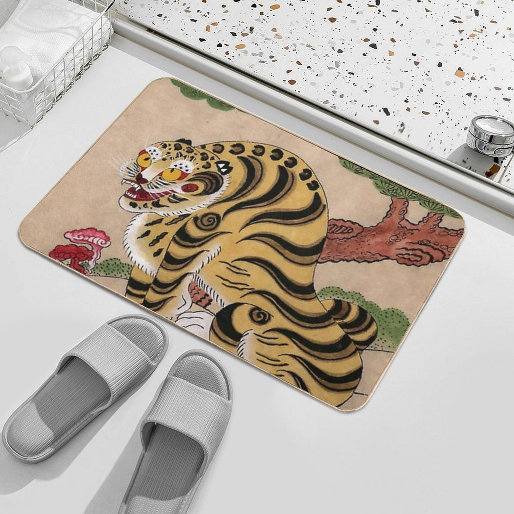 Striped Korean Minhwa Tiger with Magpies  Fade-Resistant Bath Mat