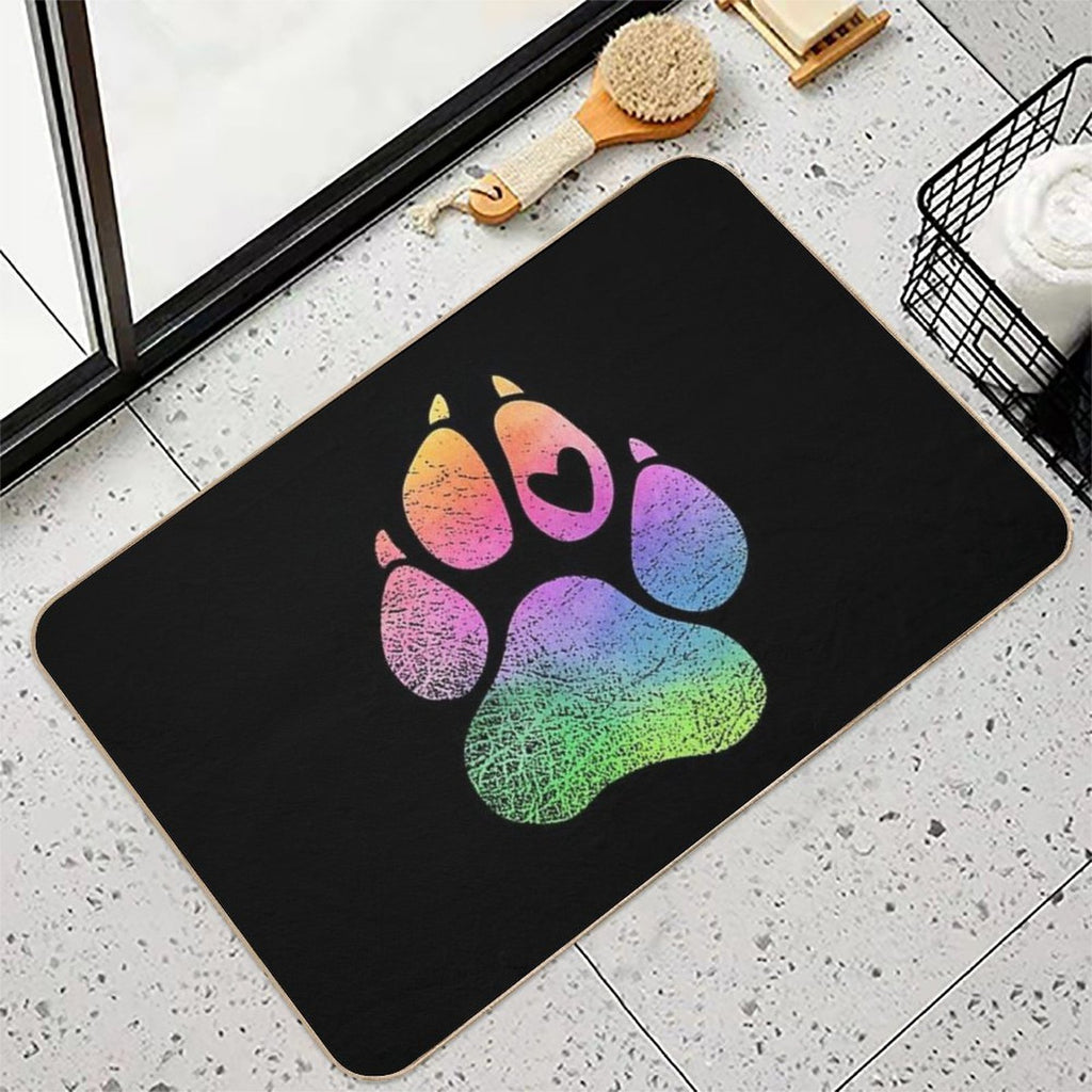 Dog’s Paw Print with A Heart Rainbow Watercolour Design for Animal Lovers.  Repositionable Bath Mat
