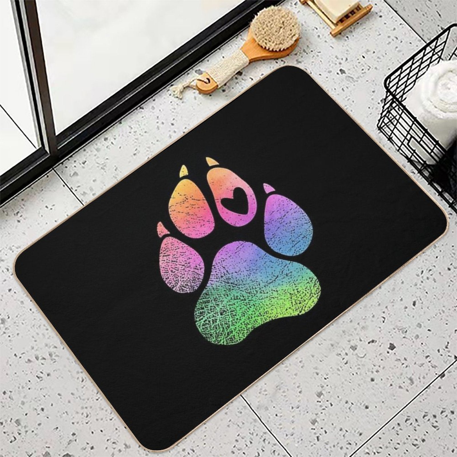 Dog’s Paw Print with A Heart Rainbow Watercolour Design for Animal Lovers.  Repositionable Bath Mat