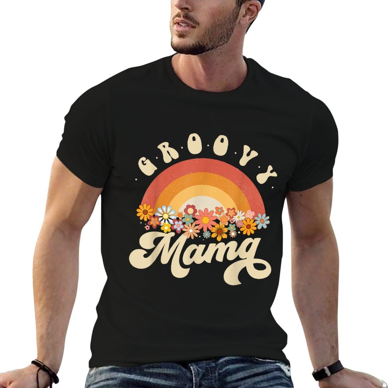 Groovy Mama Retro Rainbow Colorful Flowers Design Mom  Fade-proof Color T-Shirt