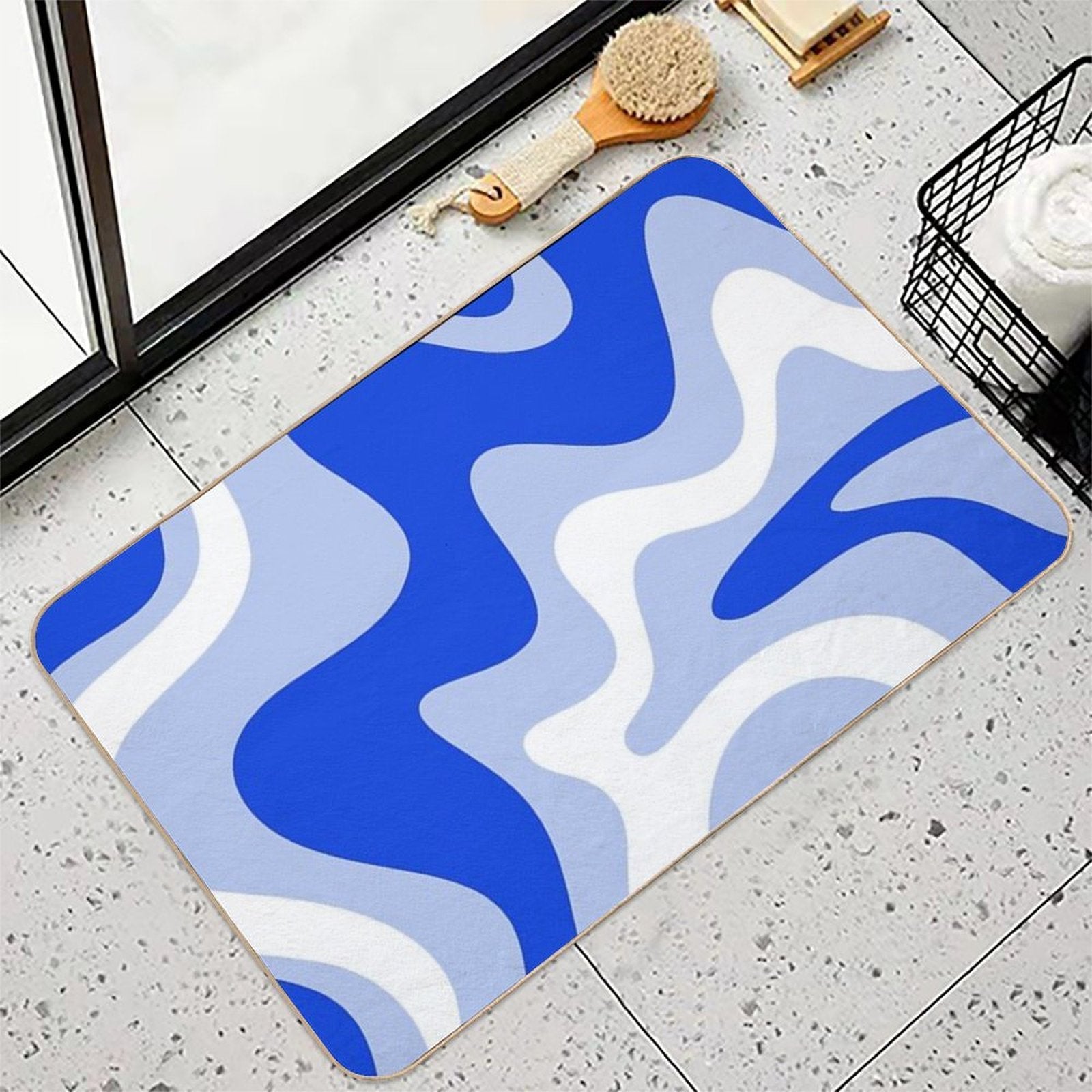 Retro Liquid Swirl Abstract Pattern Square in Royal Blue, Light Blue, And White  Eco-Friendly Bath Mat
