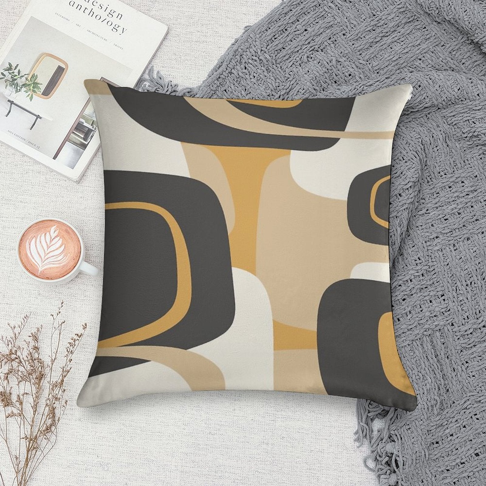 Mid Century Modern Retro Abstract Pattern Muted Charcoal And Ochre Beige Soft Bedroom Essential Throw Pillow