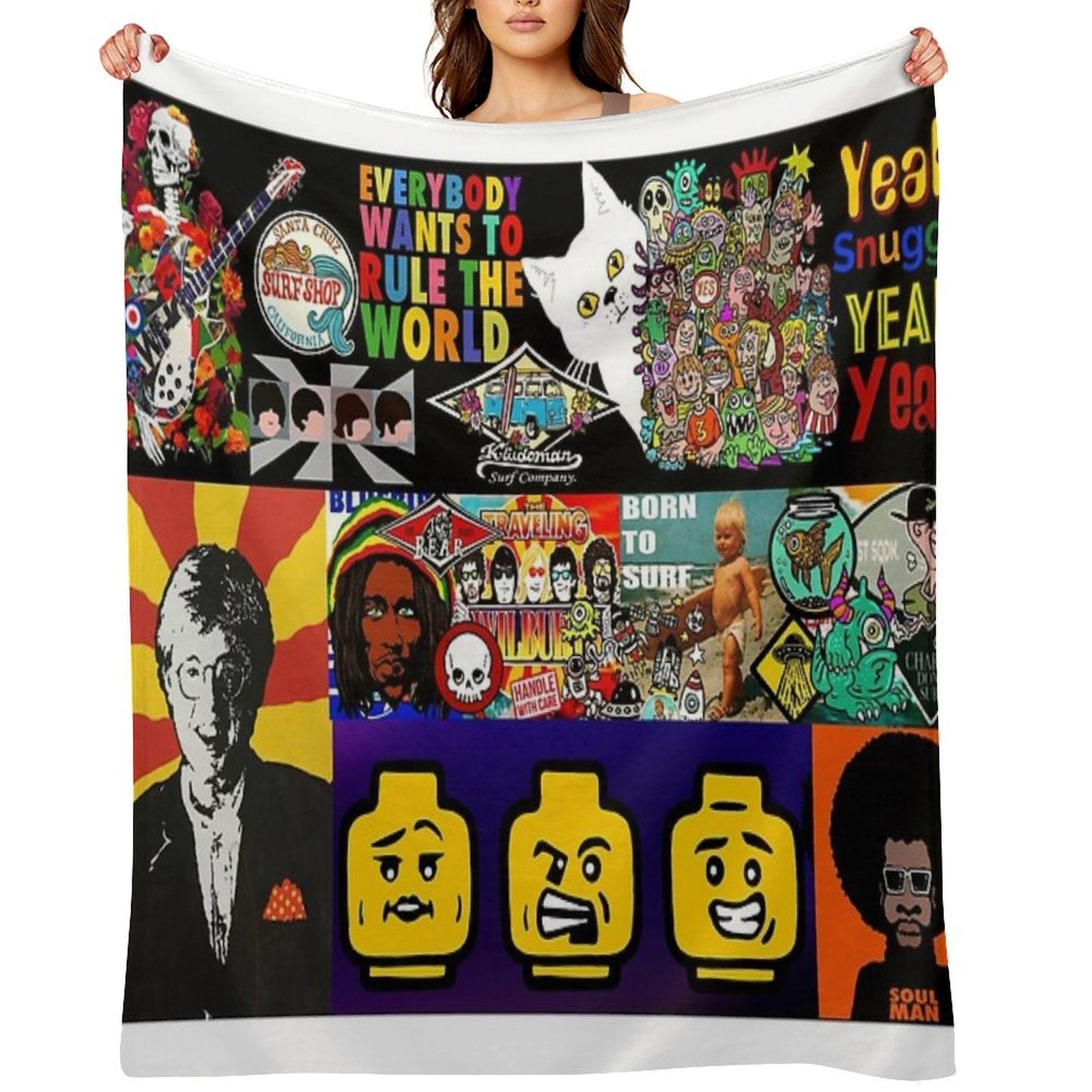 Surf, Rock, Guitar, Skull, Monsters, Lyrics, Faces, Funny Cartoons, Cats, Colourful Pop Art Collage of Art by Kludoman Quick-dry Throw Blanket