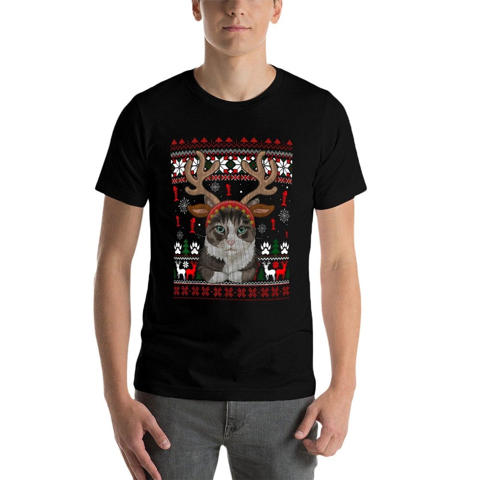 Christmas Cat Reindeer Ugly Christmas Sweater  Eco-friendly Material T-Shirt