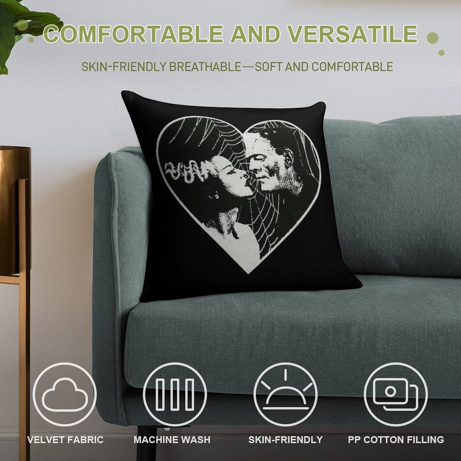 Frankenstein And Bride Goth Emo Heart Soft Hidden Zipper Throw Pillow