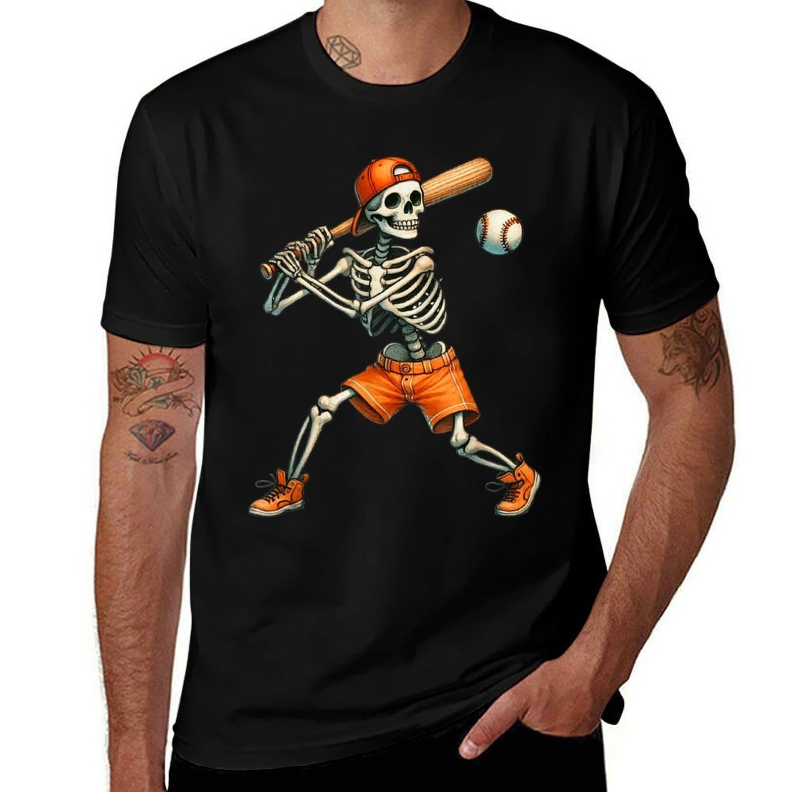 Funny Skeleton Batting Baseball Halloween Boys Men Kids  Cotton T-Shirt
