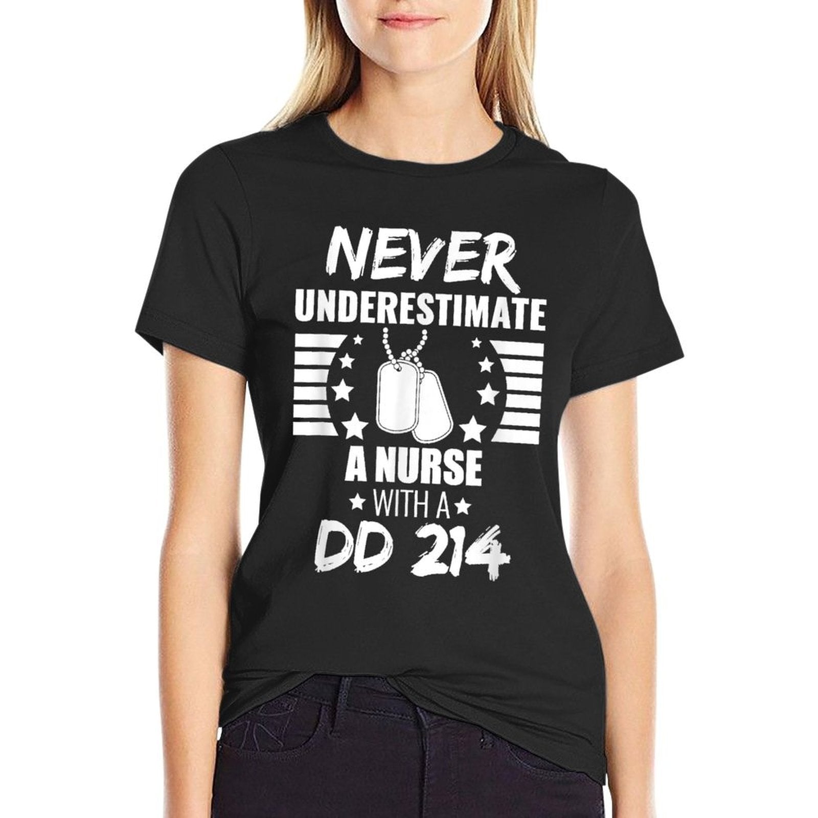 Never Underestimate A Nurse DD 214 Veterans Day  Ribbed Collar T-Shirt