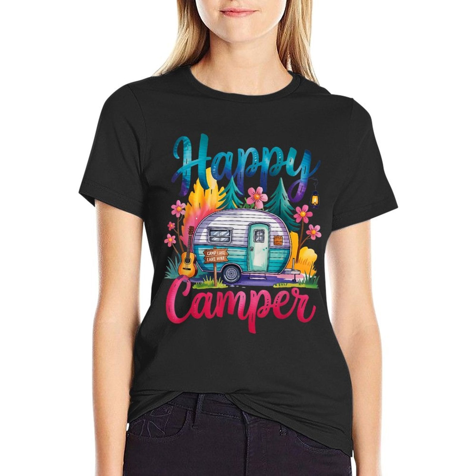 Funny Happy Camper Camping Apparel Trailer RV Kids Women  Summer-ready Fabric T-Shirt