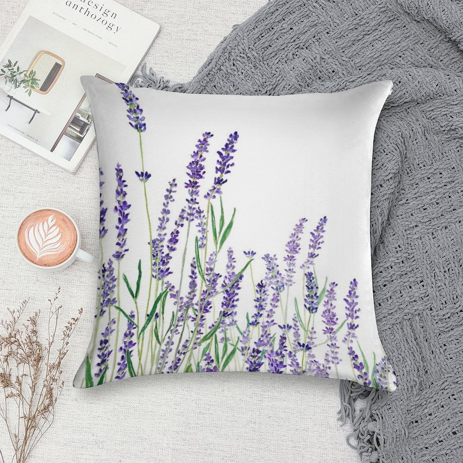 Purple Lavender Horizontal Watercolor Soft Short Plush Fabric Throw Pillow