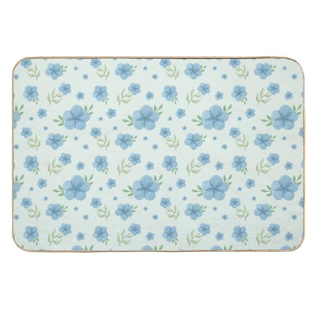 Blue Watercolor Flowers – Soft Green Background Floral Pattern  Non-Slip Bath Mat