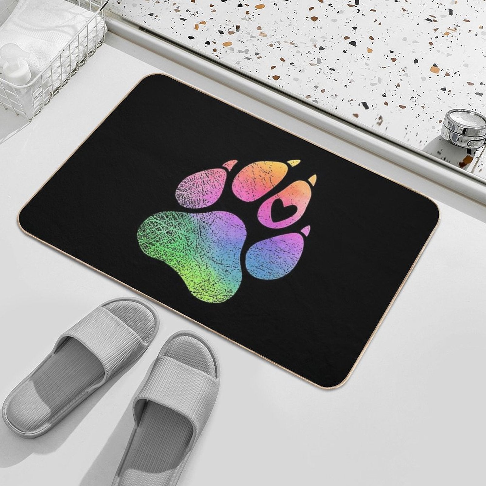 Dog’s Paw Print with A Heart Rainbow Watercolour Design for Animal Lovers.  Repositionable Bath Mat