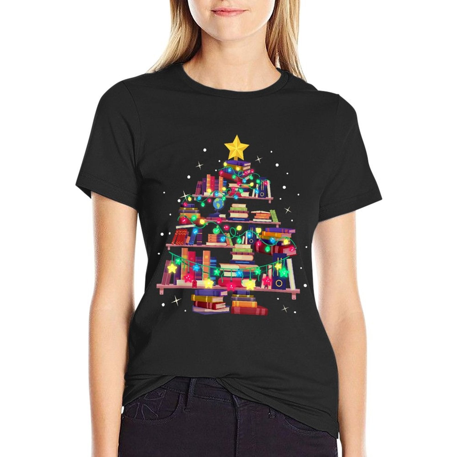 Christmas Library Tree Love Reading Books Nerd Teacher  Moisture-wicking T-Shirt