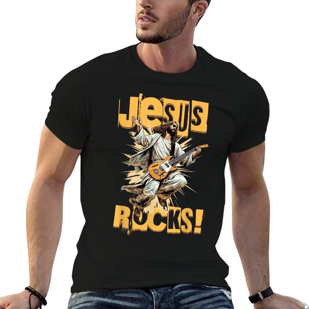Church And Jesus Is My Jam Funny Jesus Rocks! Guitar Playing Jesus Christ  Rolled Sleeves T-Shirt