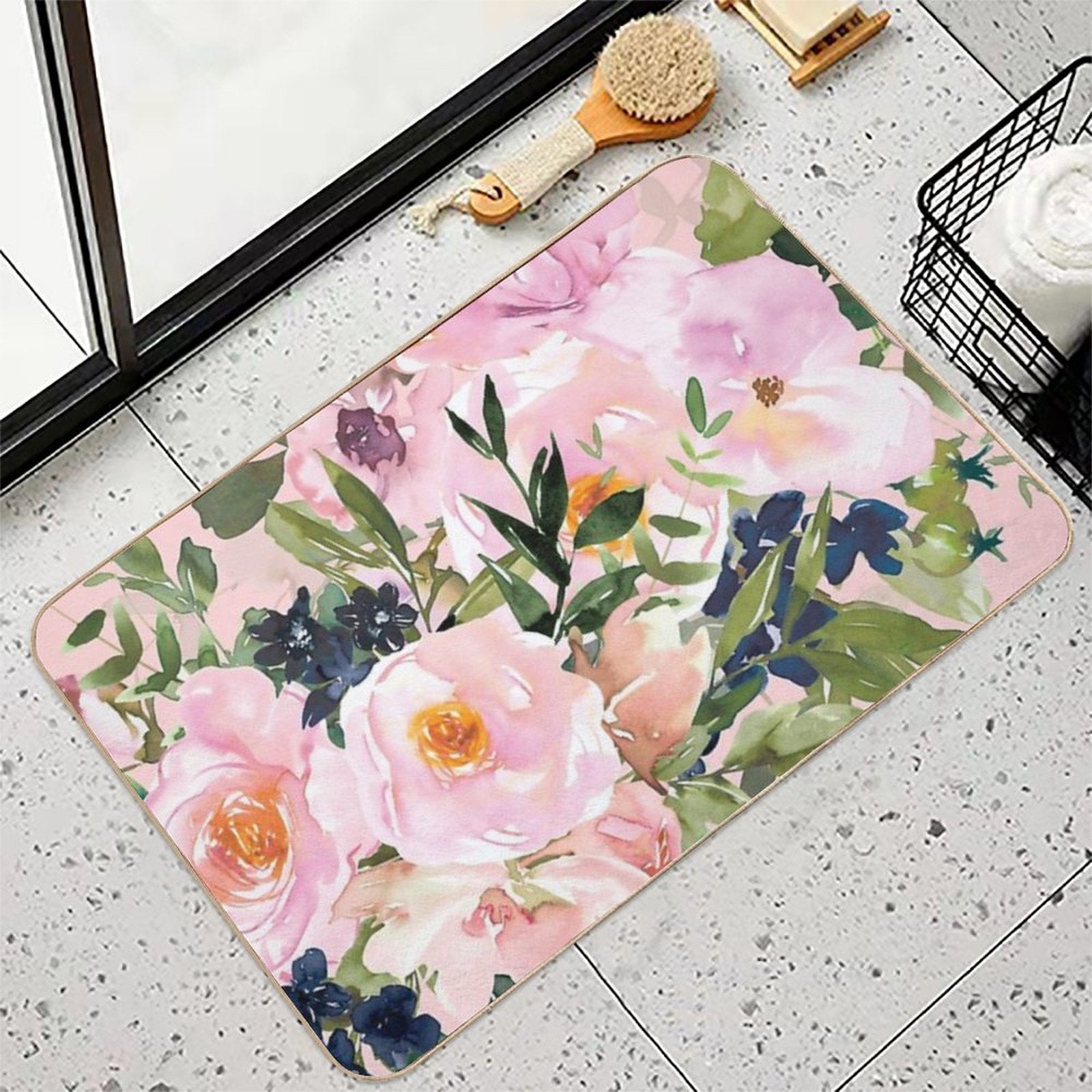 Spring, Floral Watercolor, Pink Rose Bouquet  Non-Slip Bath Mat