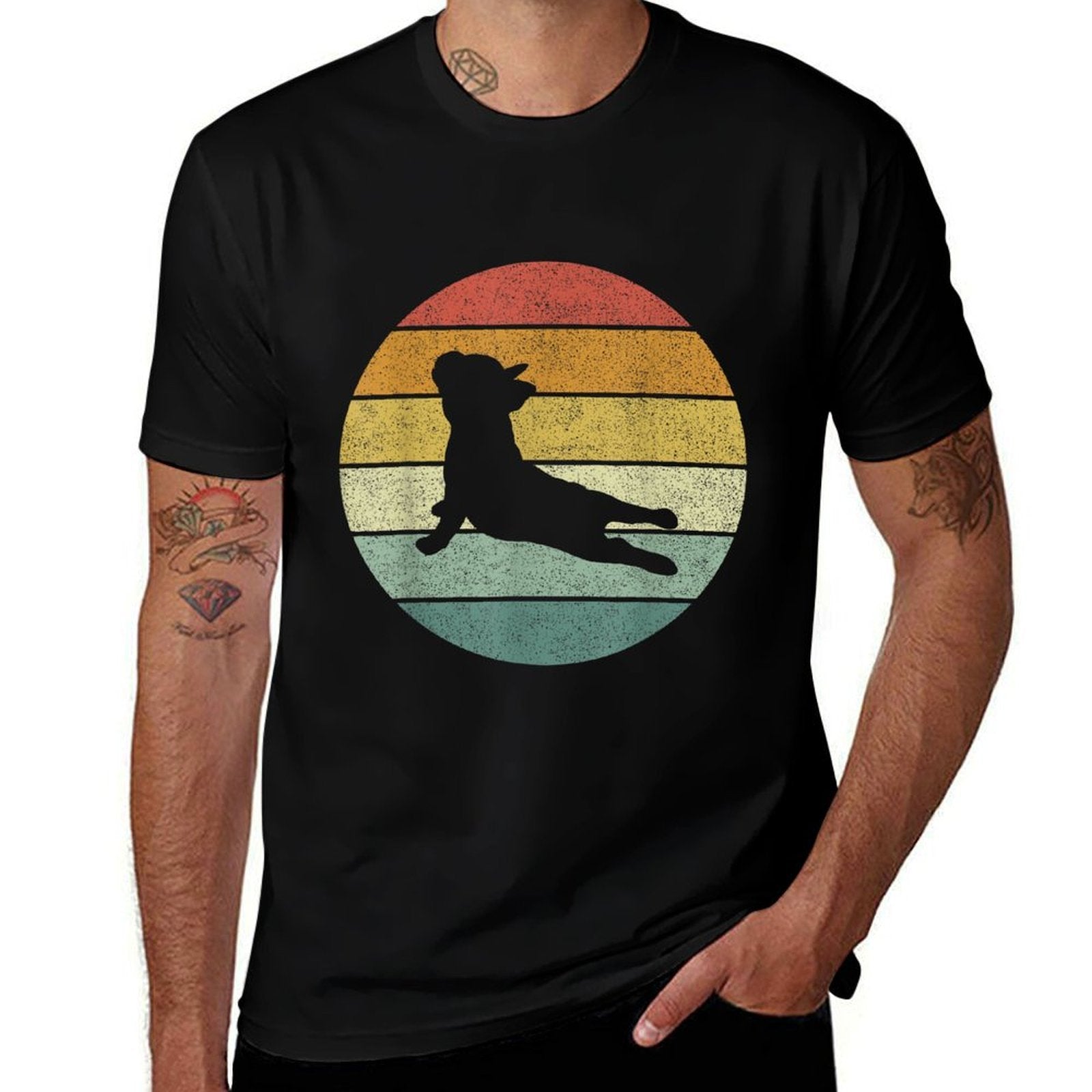Vintage Retro French Bulldog Yoga Funny French Bulldog for Men Women Girls Kids  Rolled Sleeves T-Shirt