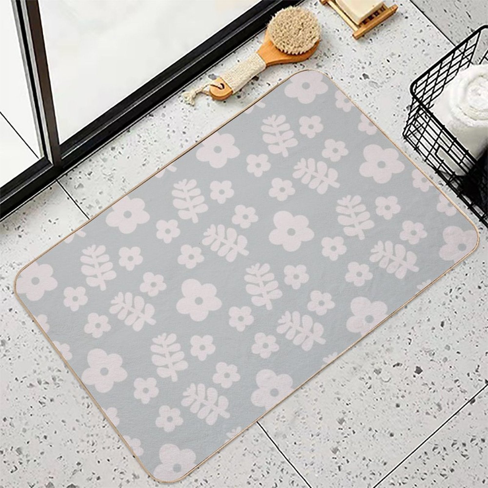 Mid Century Modern Flowers & Leaves, Cute Retro Pattern, Grayish Blue  Anti-Trip Bath Mat
