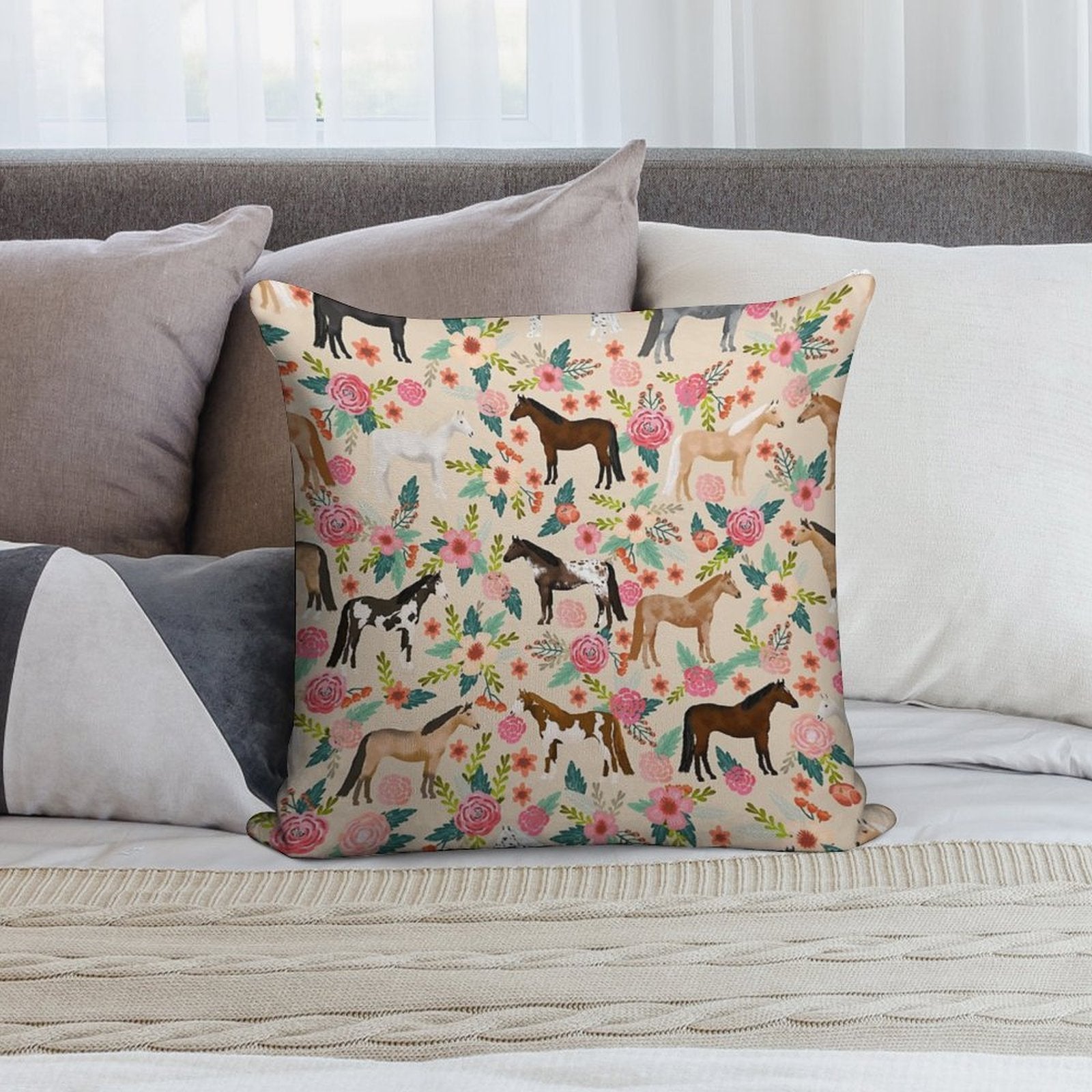 Horses Floral Horse Breeds Farm Animal Pets Soft Durable Construction Throw Pillow