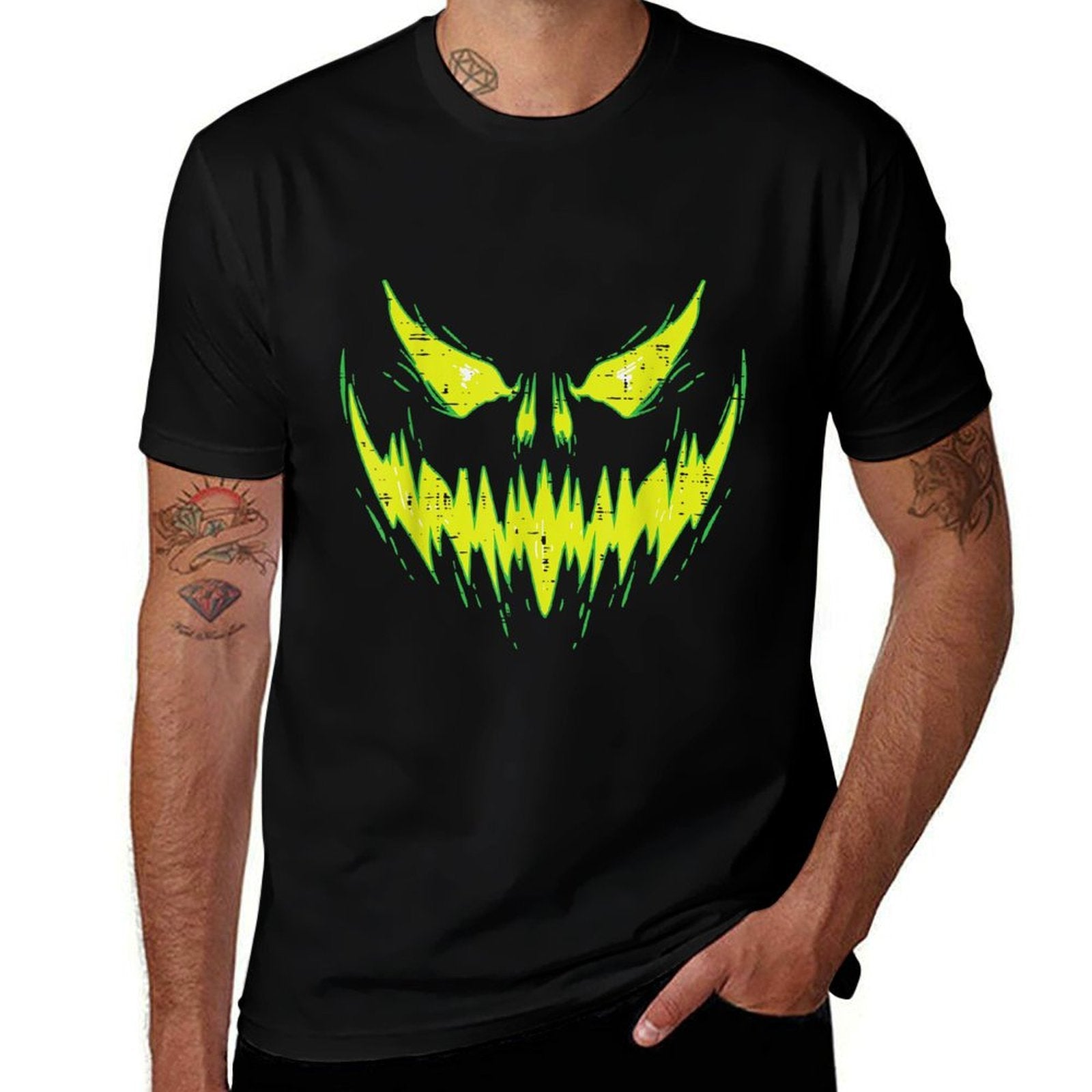 Scary Pumpkin Jack O Lantern Face Halloween Men Boys Kids  Rolled Sleeves T-Shirt