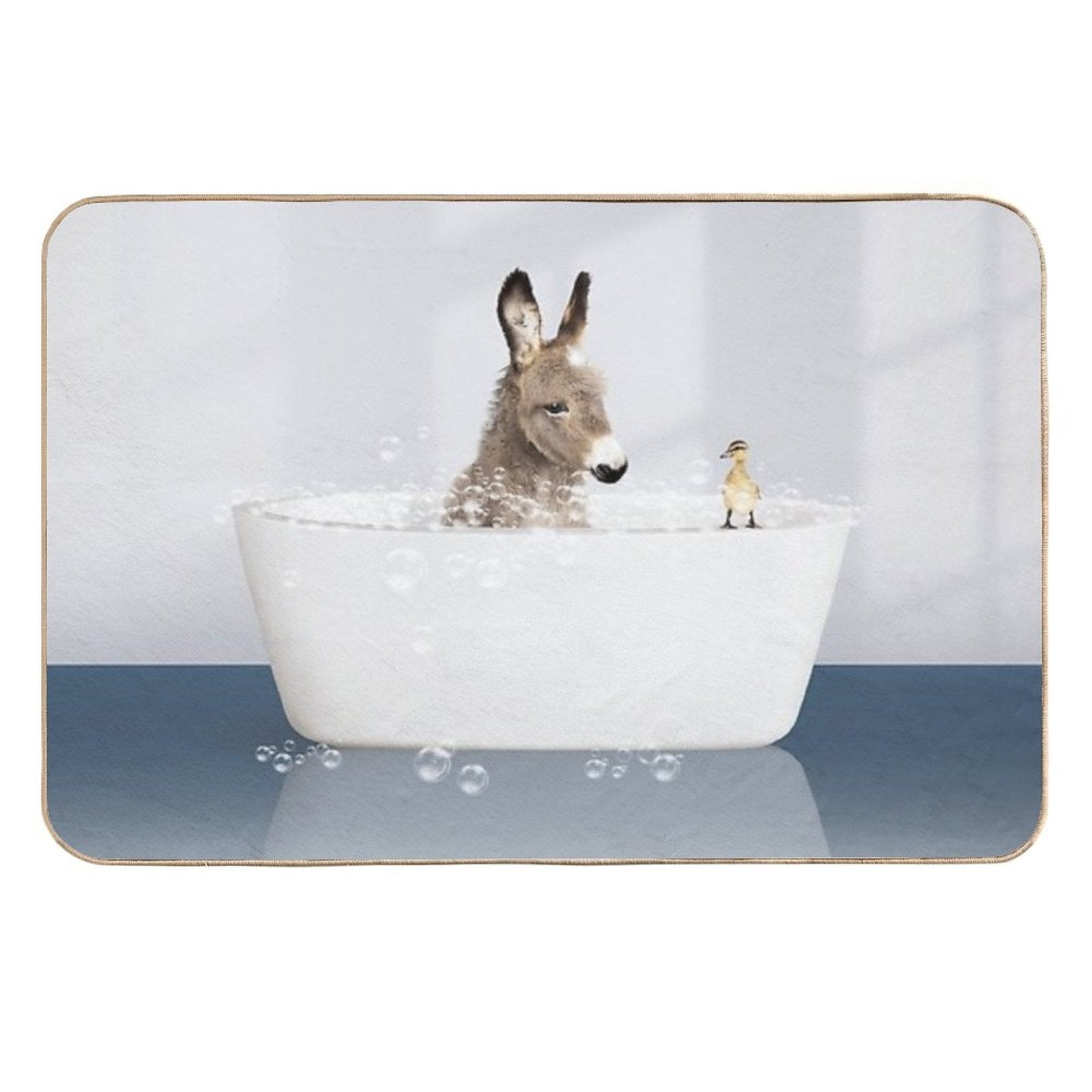 Baby Donkey And Duckling in Modern Bathtub Blue Print, Donkey Bathing, Animals in Bathtub Art by Synplus  Eco-Friendly Bath Mat