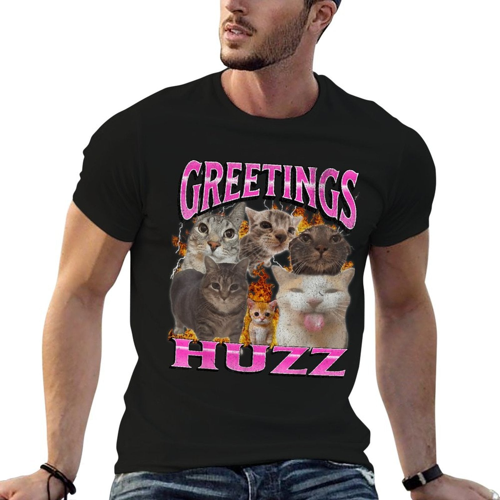 Greetings Huzz Funny Cat Meme Bootleg Graphic Men Women  Oversized Silhouette T-Shirt