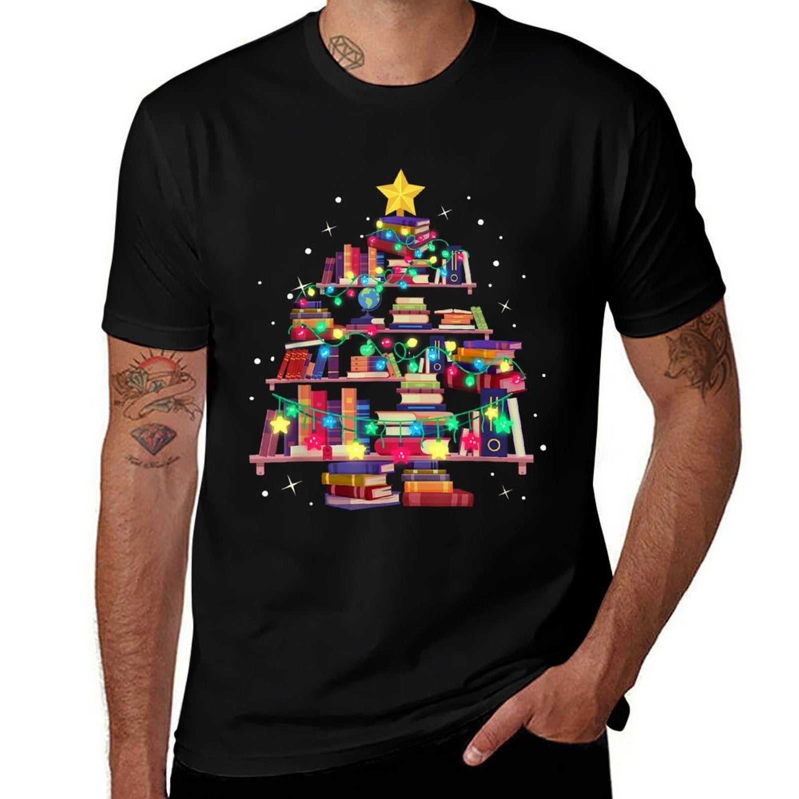 Christmas Library Tree Love Reading Books Nerd Teacher  Moisture-wicking T-Shirt