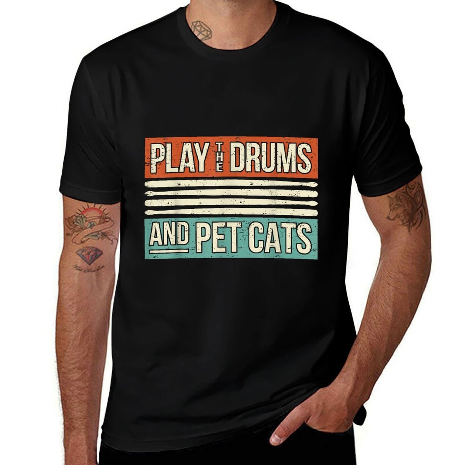 Retro Drummer Drumming Drums Percussion I Kitty Cat Lover  Slim-fit Cut T-Shirt