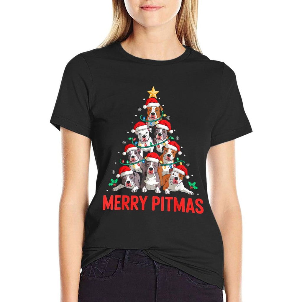 Pitbull Dog Tree Xmas Light Santa Hat Christmas Merry Pitmas  Summer-ready Fabric T-Shirt