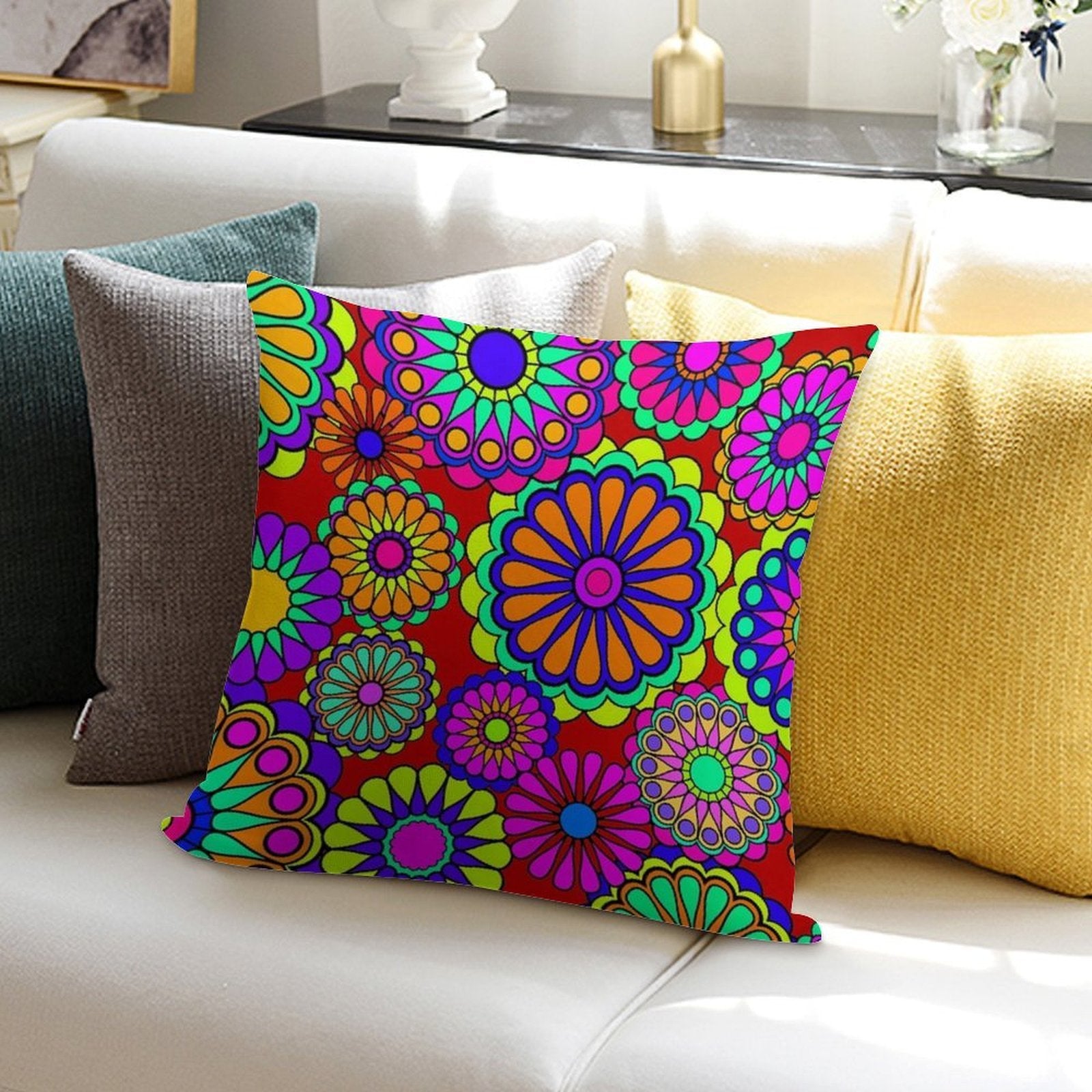 Flower Power Retro Style Hippy Flowers Soft Luxury Feel Throw Pillow