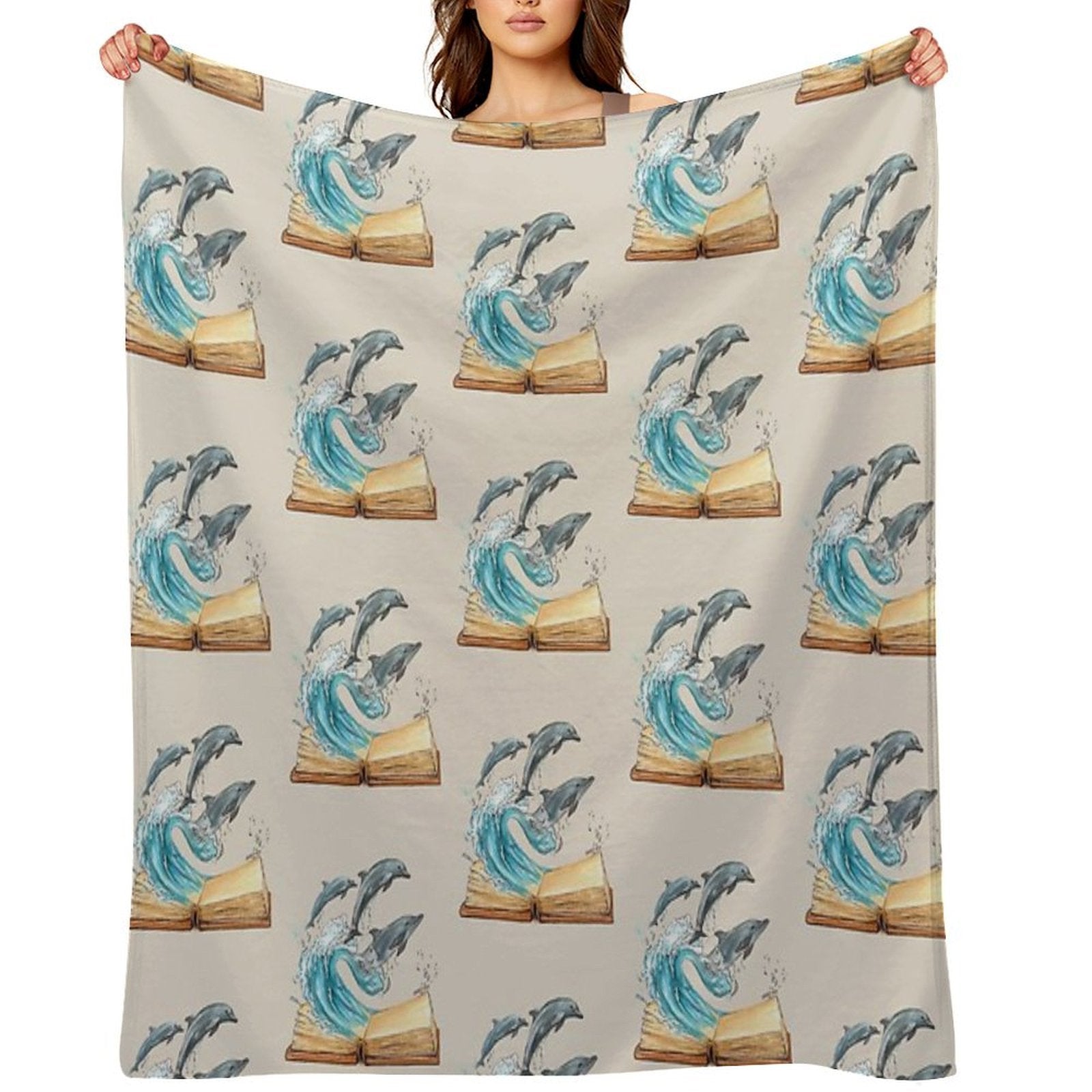 Dolphins Jumping from Old Book Watercolor Illustration Eco-conscious Throw Blanket