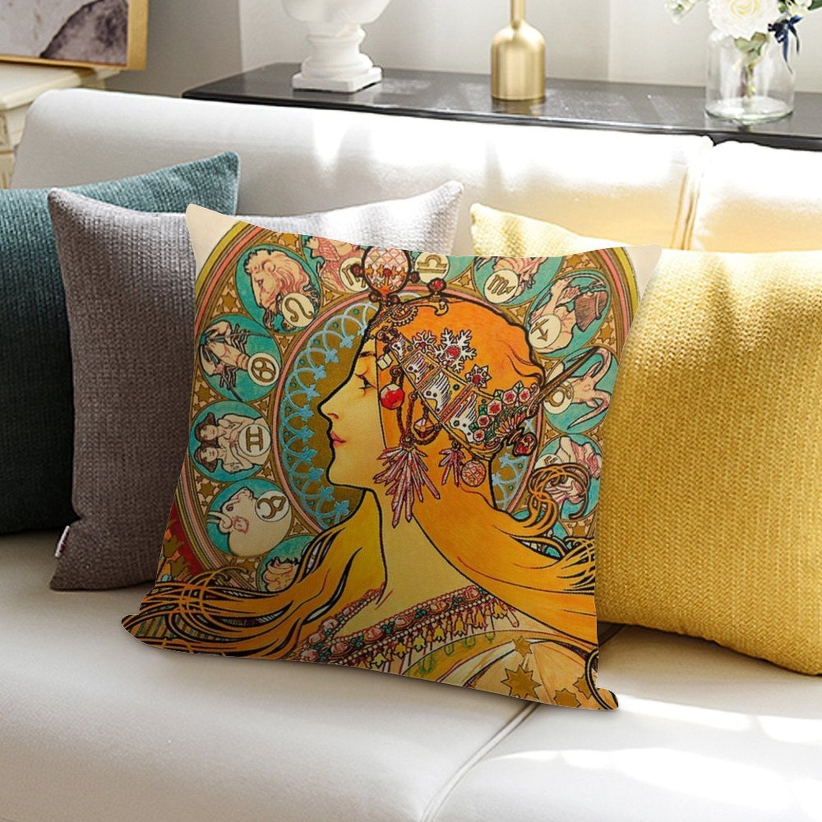 Zodiac, (1896) - Alphonse Mucha. HIGH DEFINITION Soft Home Decor Throw Pillow