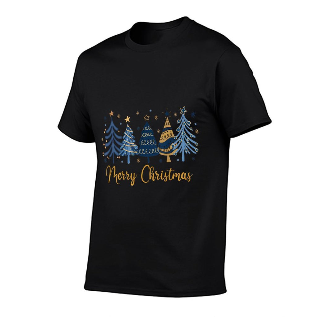 Blue Gold Merry Christmas Trees Xmas Holiday Family Pajama  Oversized Silhouette T-Shirt