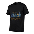Blue Gold Merry Christmas Trees Xmas Holiday Family Pajama  Oversized Silhouette T-Shirt