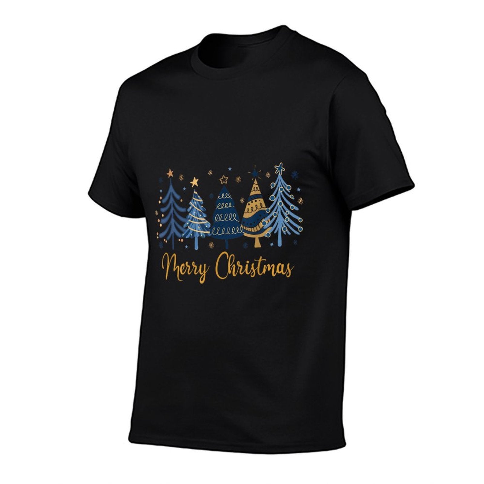 Blue Gold Merry Christmas Trees Xmas Holiday Family Pajama  Oversized Silhouette T-Shirt