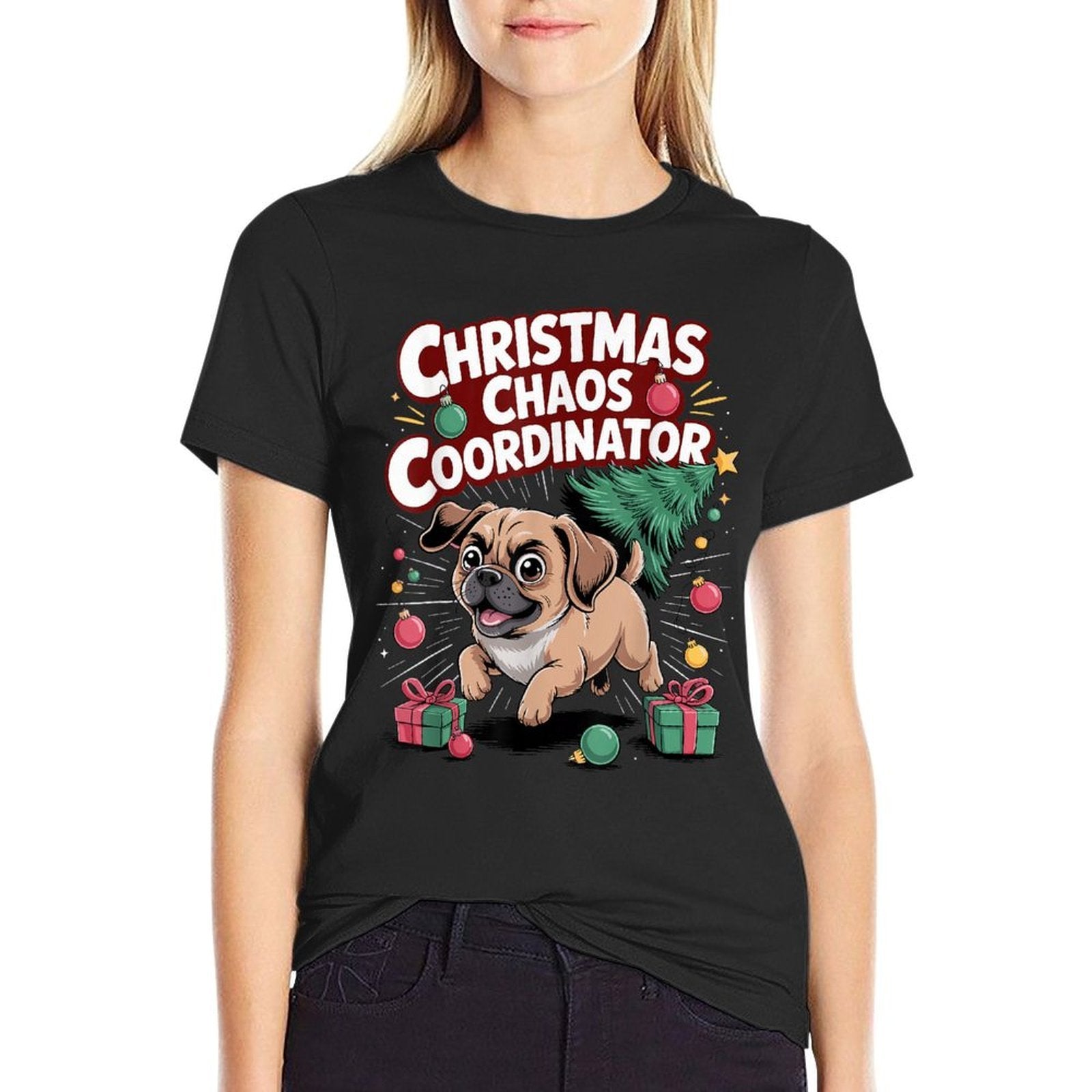 Christmas Chaos Coordinator Xmas Puppy Funny Puggle  Trendy Pattern T-Shirt