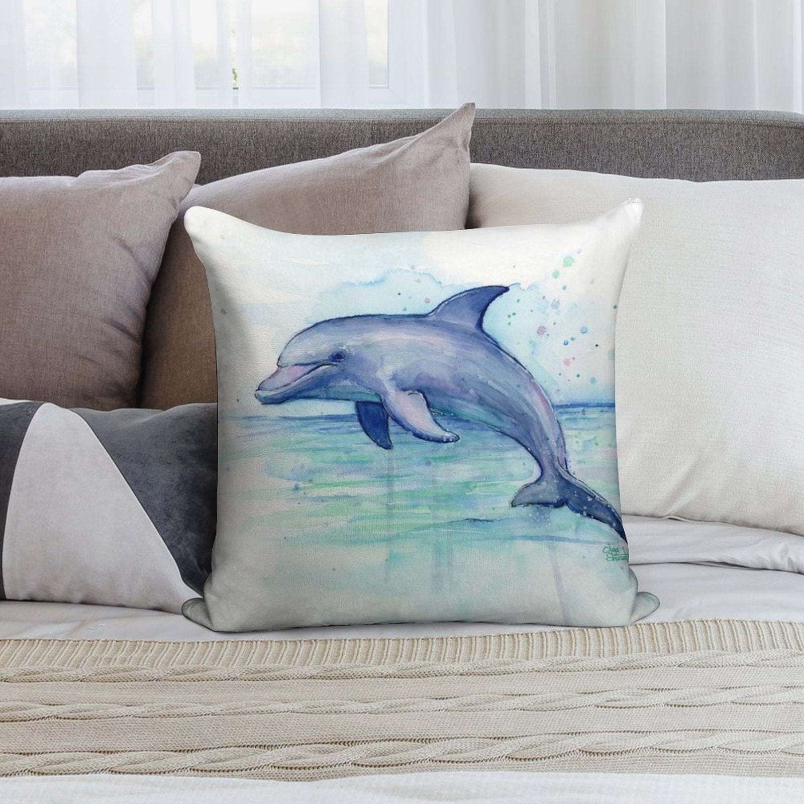 Dolphin Watercolor Soft Home Decor Throw Pillow